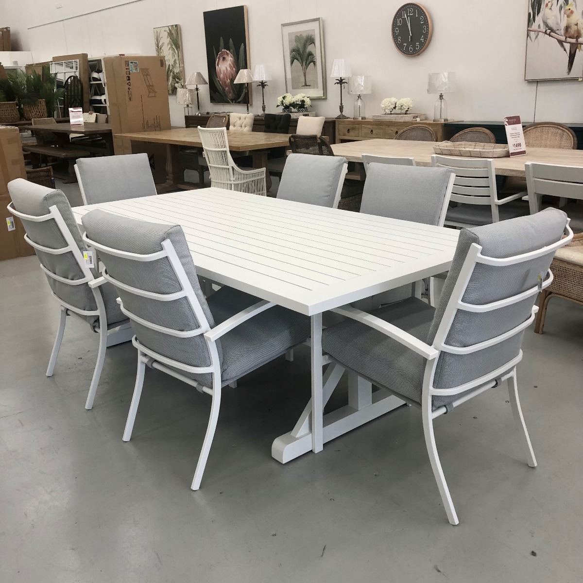"Santorini" Resort Style Outdoor Package with Aluminium Dining Table in White 220x110cm & 6 High Back Dining Chairs (RRP $3499)