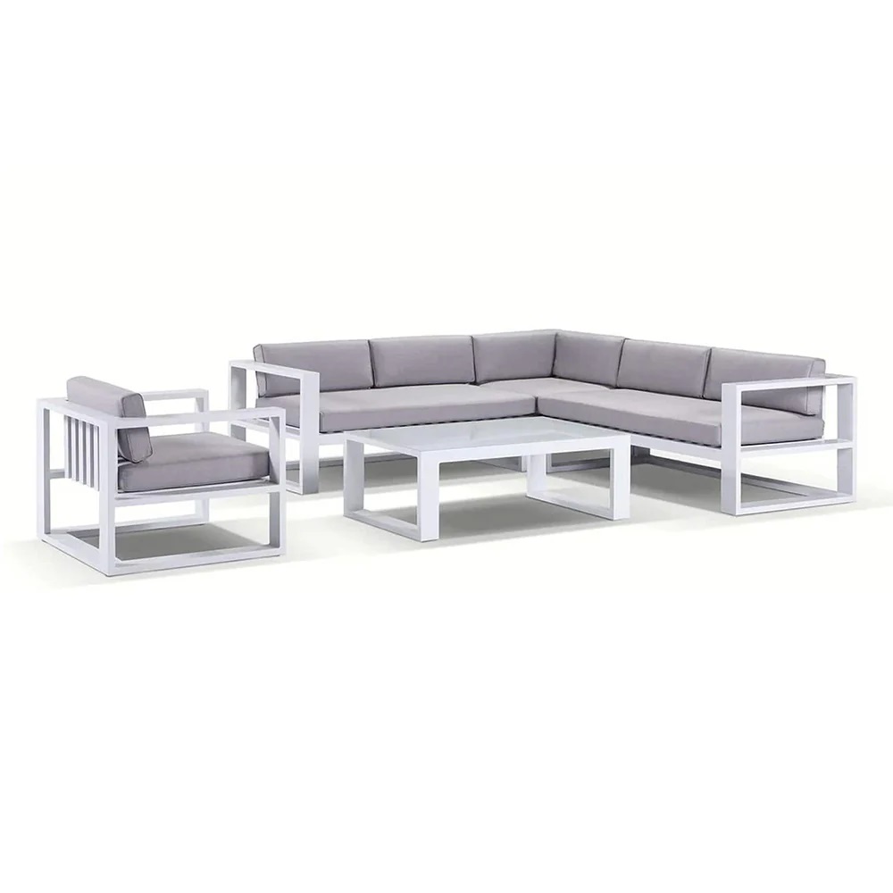 "Hawaii" Hamptons Style Outdoor Modular Lounge Setting + Armchair with Coffee Table, White Olefin Grey Cushions (RRP $4999)