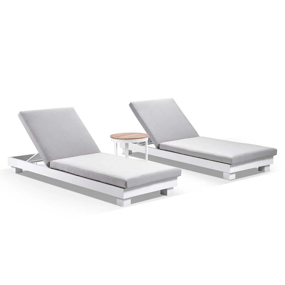 "Hawaii" Hamptons Style Aluminium Sun Lounge Set in White with Olefin Grey Cushions + Teak Top Round Side Table (RRP $3999)