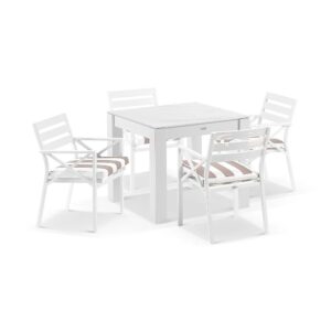 wp-image-tigress-45333.jpg "Montego Bay" Hamptons Style Outdoor Aluminium Square 5 Piece Dining Table Set, White with Sunbrella Beige & White Stipe Cushions (RRP $2499)