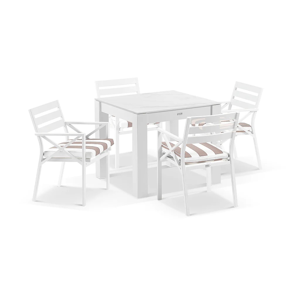 "Montego Bay" Hamptons Style Outdoor Aluminium Square 5 Piece Dining Table Set, White with Sunbrella Beige & White Stipe Cushions (RRP $2499)