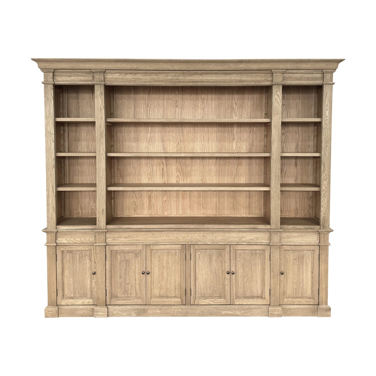 "Sanctuary" Hamptons Style Timber Library Bookcase Cabinet, Weathered Oak 270cmW x 45cmD x 230cmH (RRP $8999)