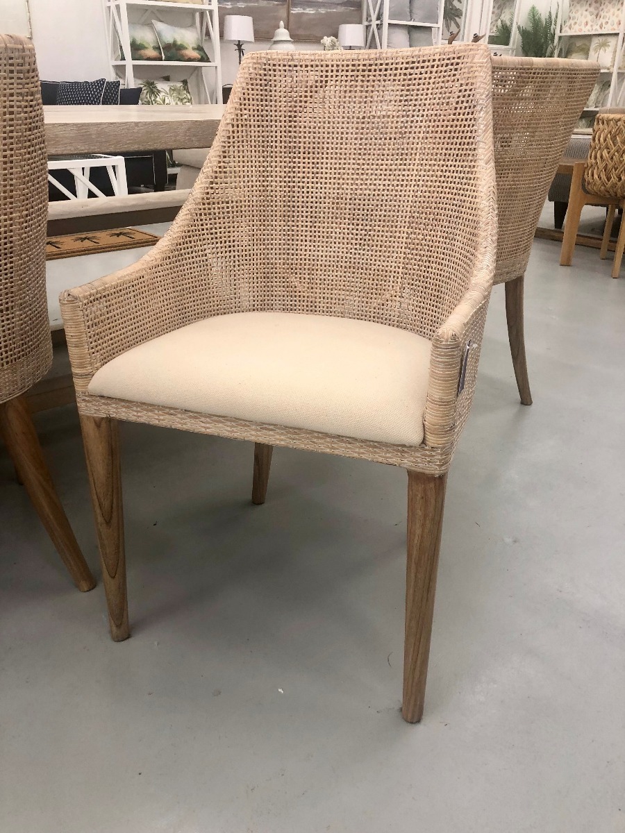 "Coral Bay" Hampton Style Rattan Dining Chair Whitewash, Mindi Timber Legs (RRP $449) - Image 3