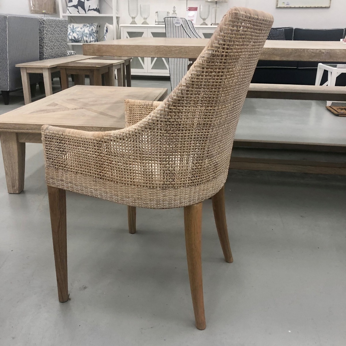 "Coral Bay" Hampton Style Rattan Dining Chair Whitewash, Mindi Timber Legs (RRP $449) - Image 5