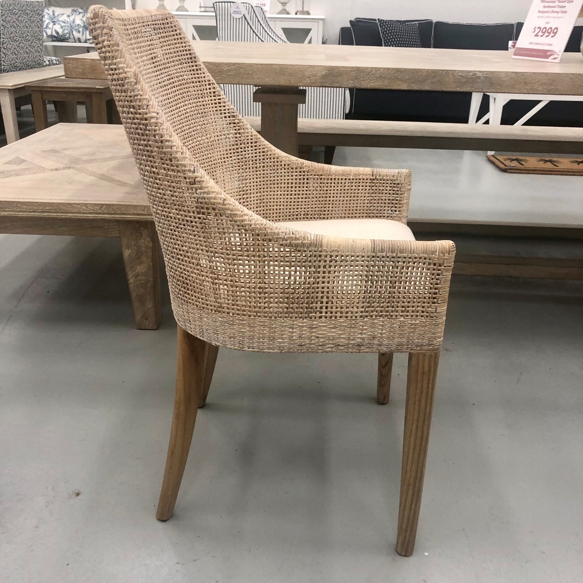 "Coral Bay" Hampton Style Rattan Dining Chair Whitewash, Mindi Timber Legs (RRP $449) - Image 7