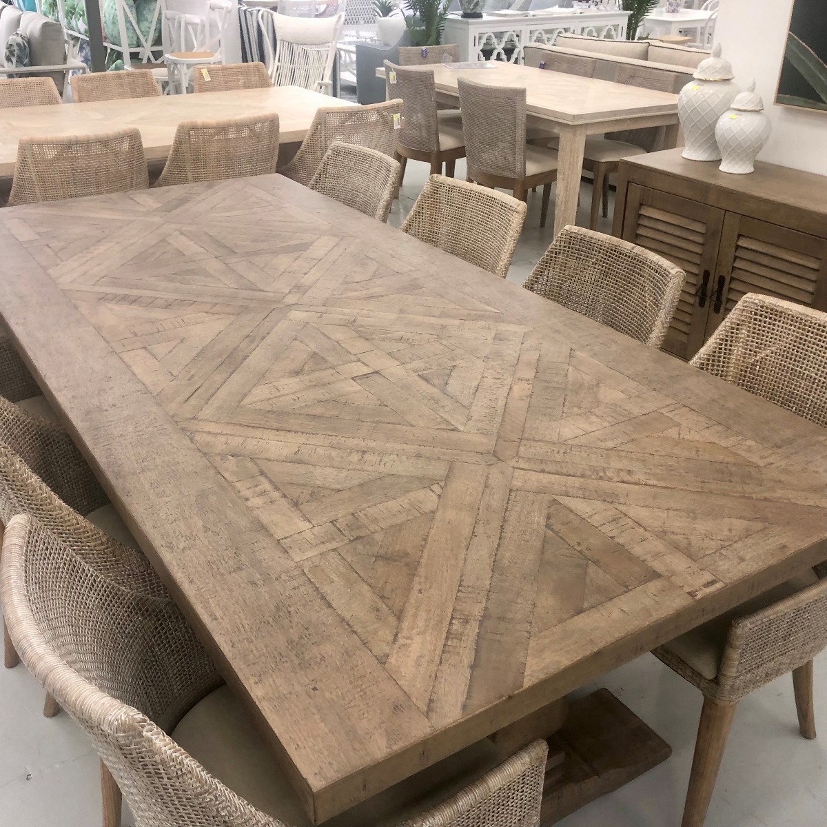 "Whitsunday" Hamptons Style Parquetry Hardwood Timber 240x110cm Dining Table, Hamptons Grey (RRP $3499) - Image 4
