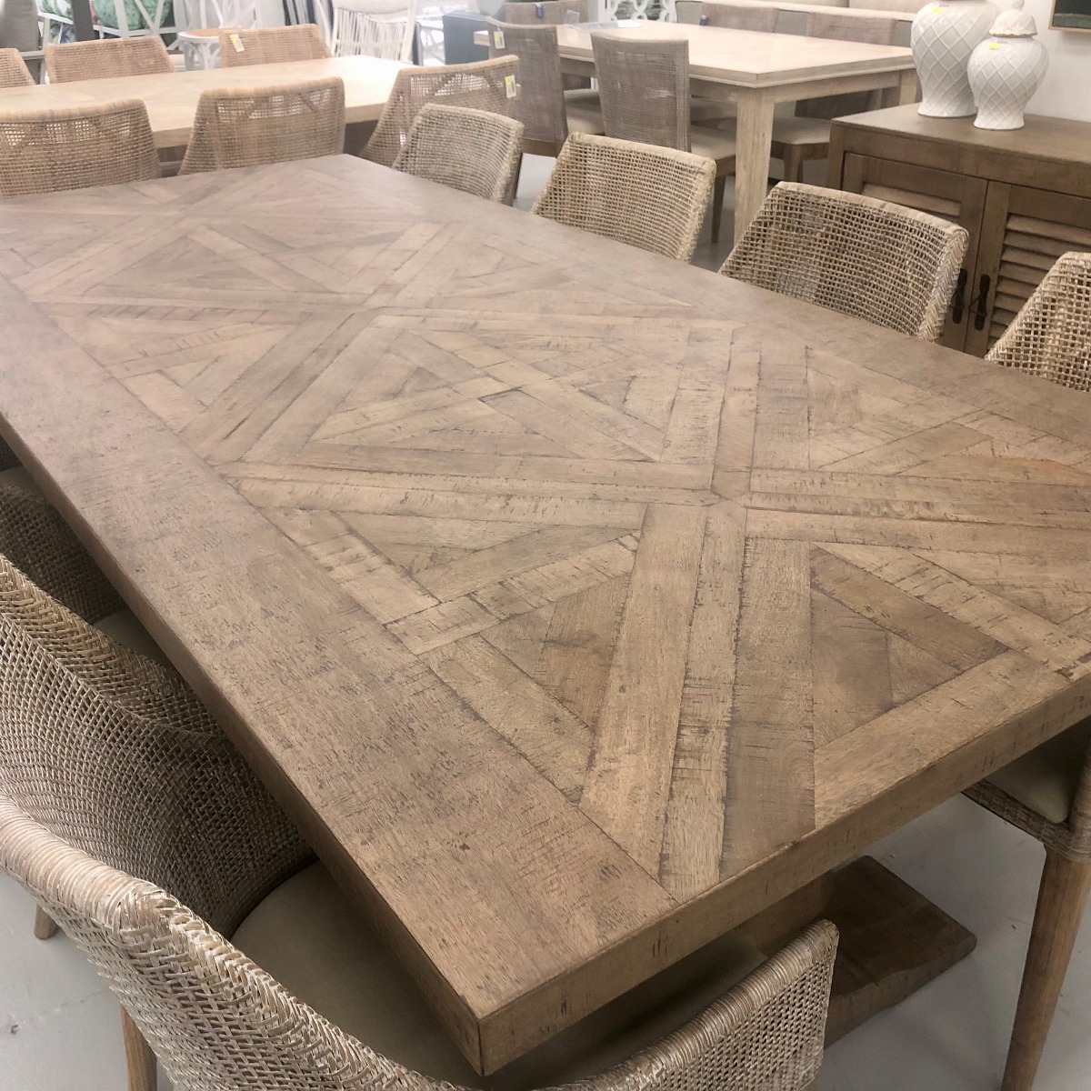 "Whitsunday" Hamptons Style Parquetry Hardwood Timber 240x110cm Dining Table, Hamptons Grey (RRP $3499) - Image 5