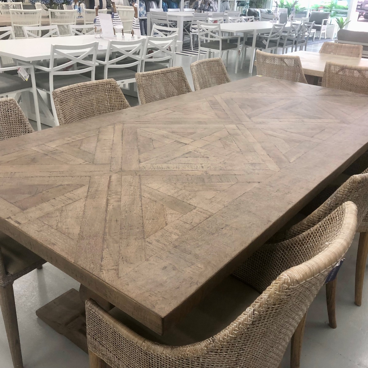 "Whitsunday" Hamptons Style Parquetry Hardwood Timber 240x110cm Dining Table, Hamptons Grey (RRP $3499) - Image 6