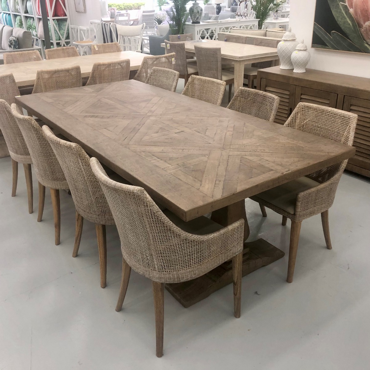 "Whitsunday" Hamptons Style Parquetry Hardwood Timber 240x110cm Dining Table, Hamptons Grey (RRP $3499) - Image 2