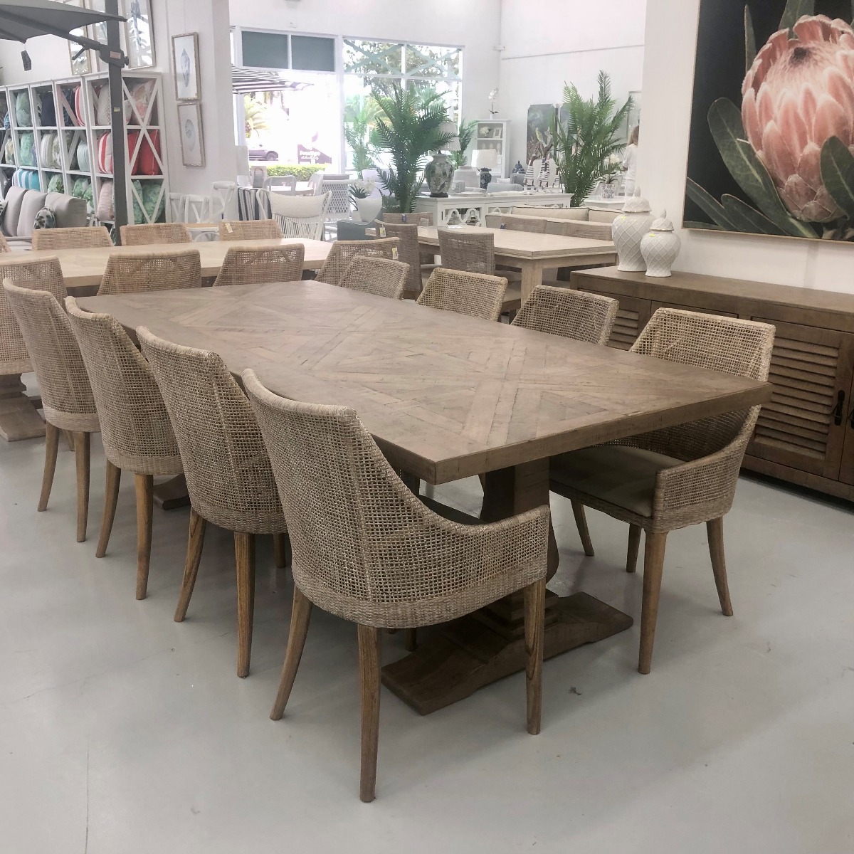 "Whitsunday" Hamptons Style Parquetry Hardwood Timber 240x110cm Dining Table, Hamptons Grey (RRP $3499) - Image 3