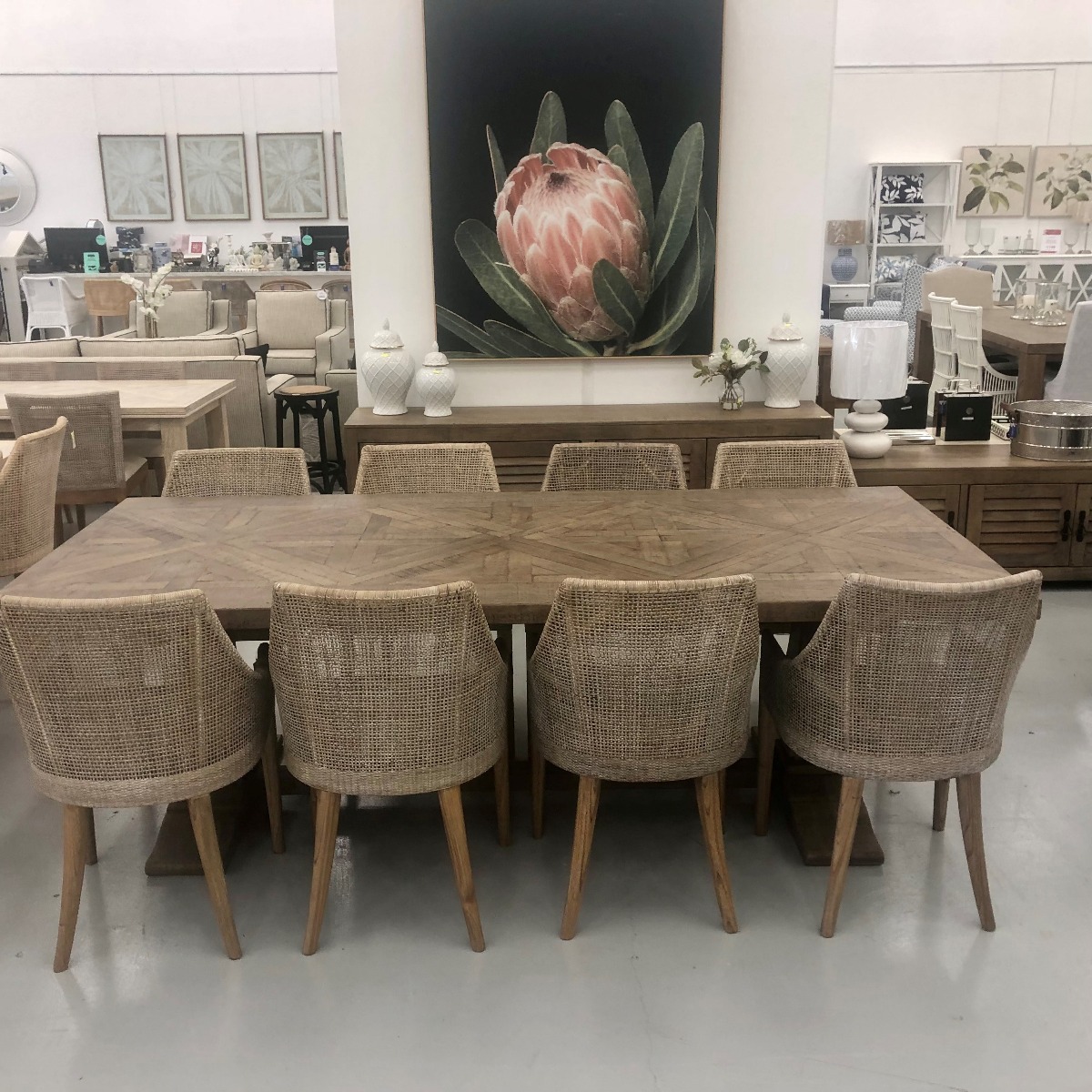 "Whitsunday" Hamptons Style Parquetry Hardwood Timber 240x110cm Dining Table, Hamptons Grey (RRP $3499) - Image 7