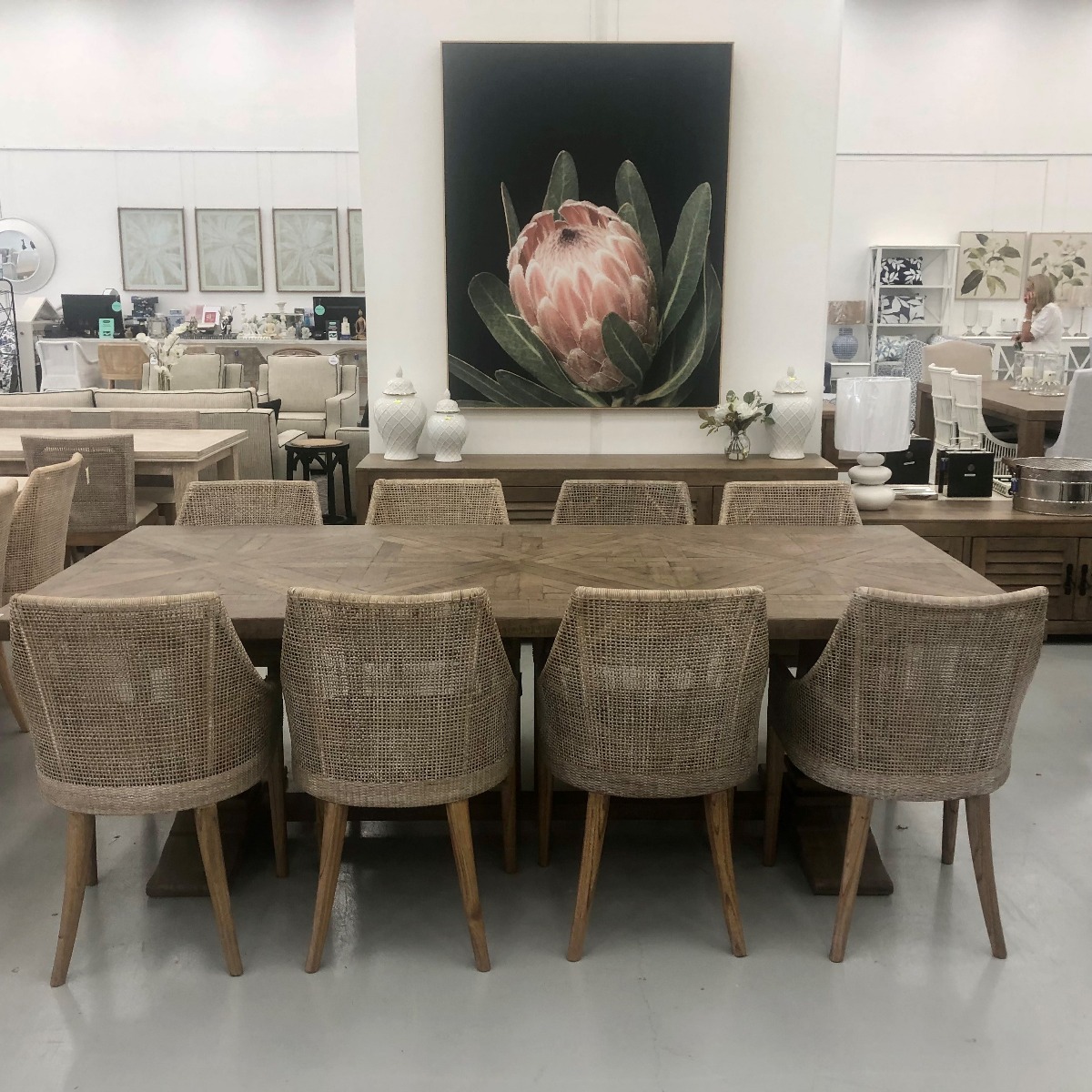 "Whitsunday" Hamptons Style Parquetry Hardwood Timber 240x110cm Dining Table, Hamptons Grey (RRP $3499) - Image 8