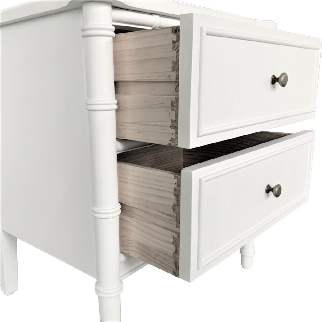 "Faux Bamboo" Hamptons Style Solid Timber 2 Drawer Bedside Table, White 60cmW x 43cmD x 65cmH (RRP $1199) - Image 3