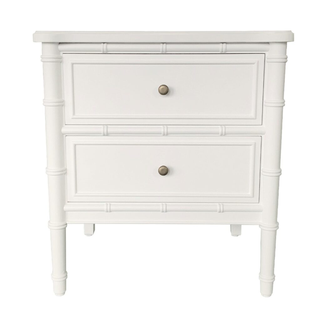 "Faux Bamboo" Hamptons Style Solid Timber 2 Drawer Bedside Table, White 60cmW x 43cmD x 65cmH (RRP $1199)