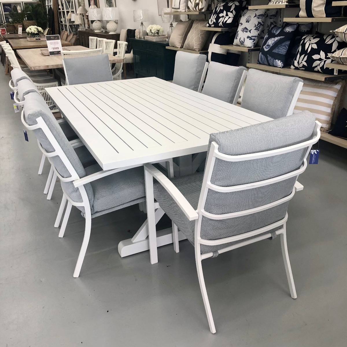 "Santorini" Resort Style Outdoor Package with Aluminium Dining Table in White 220x110cm & 8 High Back Dining Chairs (RRP $3999)