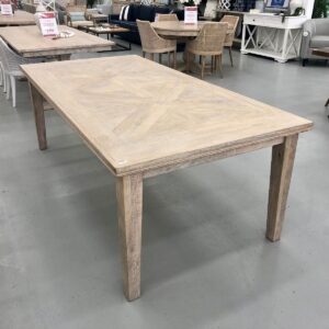 "Hayman" Resort Style Hardwood Timber Parquetry Dining Table, Beachwhite, 180cm x 90cm x 76cmH (RRP $1999)
