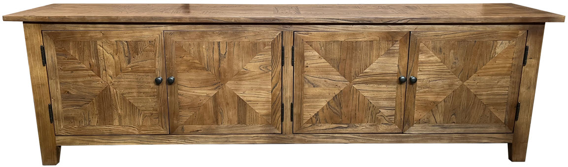 NEW YEAR SALE!! "Villa" Hamptons Style Parquetry 4 Door Entertainment TV Unit Recycled Elm, 200cm x 40cm x 58cmH (RRP $1999)