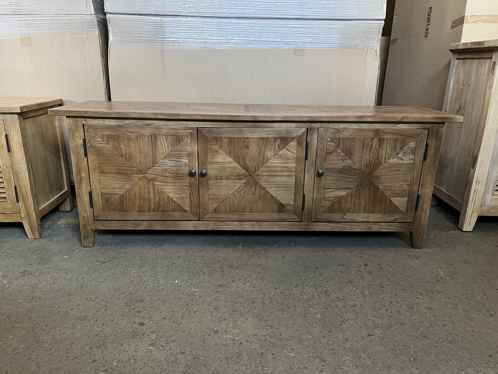 "Villa" Hamptons Style Parquetry 3 Door Entertainment TV Unit Recycled Elm, 160cm x 40cm x 58cmH (RRP $1699) - Image 2