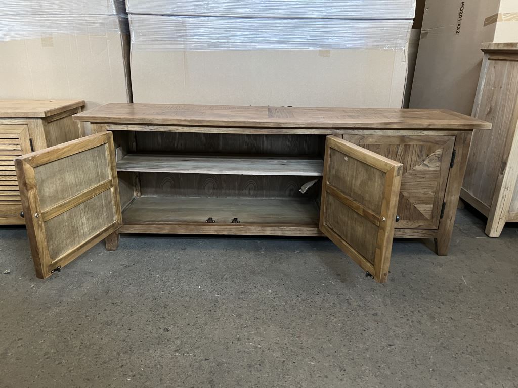 "Villa" Hamptons Style Parquetry 3 Door Entertainment TV Unit Recycled Elm, 160cm x 40cm x 58cmH (RRP $1699) - Image 3