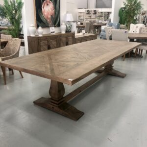 "Whitsunday" Hamptons Style Hardwood Timber Parquetry Dining Table with Pedestal Base, Hamptons Grey, 300x120x77cm (RRP $4999)