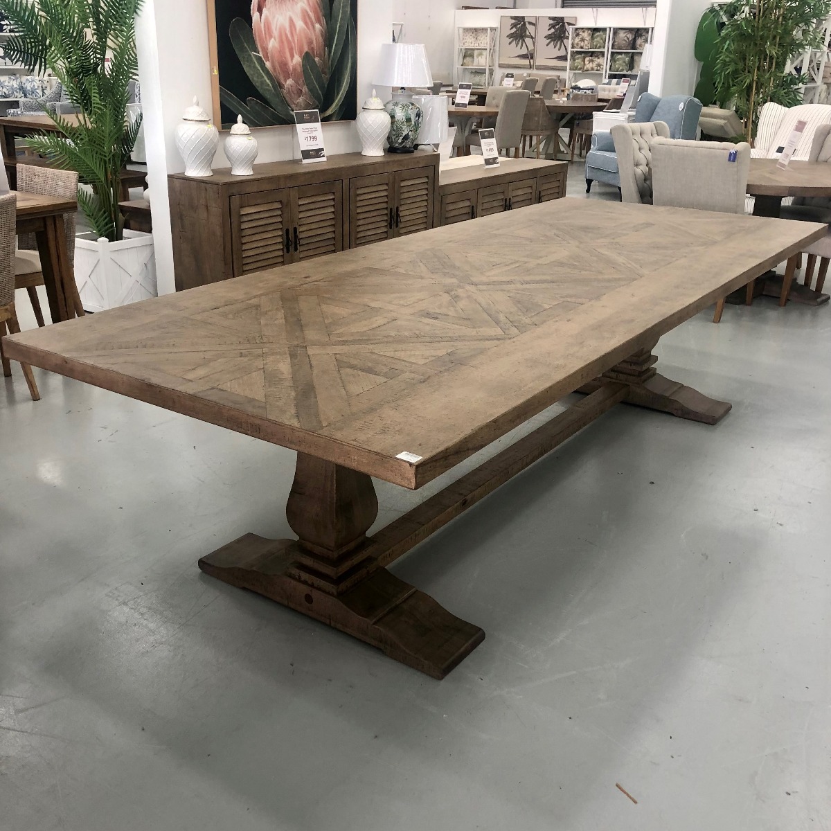 "Whitsunday" Hamptons Style Hardwood Timber Parquetry Dining Table with Pedestal Base, Hamptons Grey, 300x120x77cm (RRP $4999) - Image 2