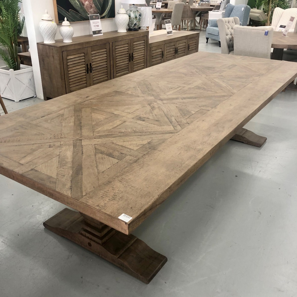"Whitsunday" Hamptons Style Hardwood Timber Parquetry Dining Table with Pedestal Base, Hamptons Grey, 300x120x77cm (RRP $4999) - Image 3