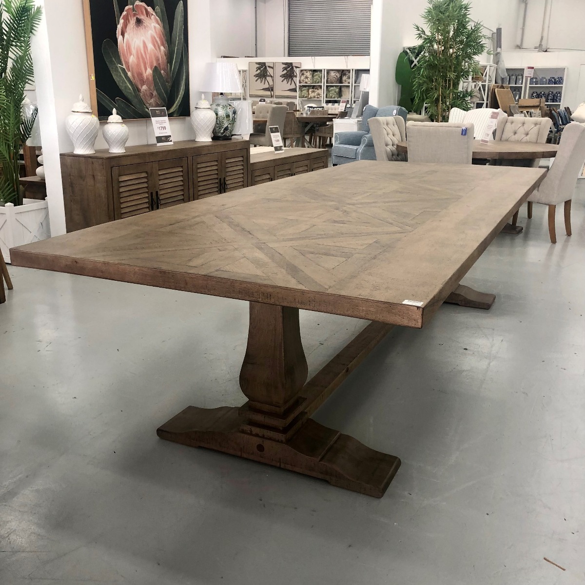 "Whitsunday" Hamptons Style Hardwood Timber Parquetry Dining Table with Pedestal Base, Hamptons Grey, 300x120x77cm (RRP $4999) - Image 4