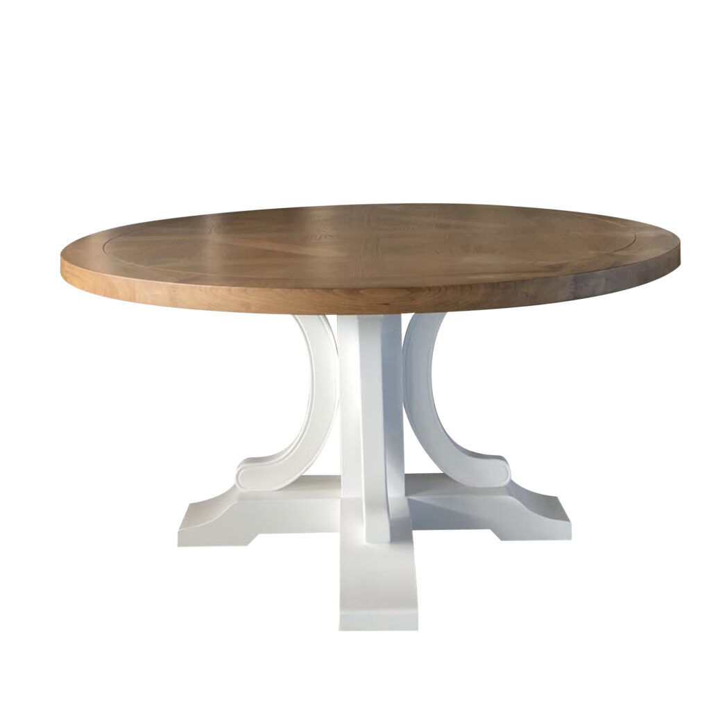 "Maine" Hamptons Style Round Dining Table with White Pedestal Base Natural Oak, 150cm (RRP $3499)