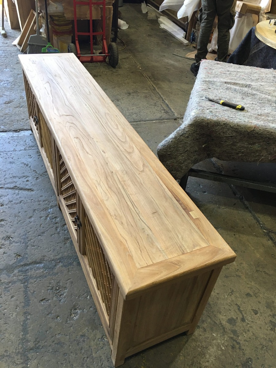 "St Barts" Hamptons Style 4 Door TV Unit Recycled Elm with Lattice Doors Natural, 200cm x 40cm x 58cmH (RRP $2499) - Image 3