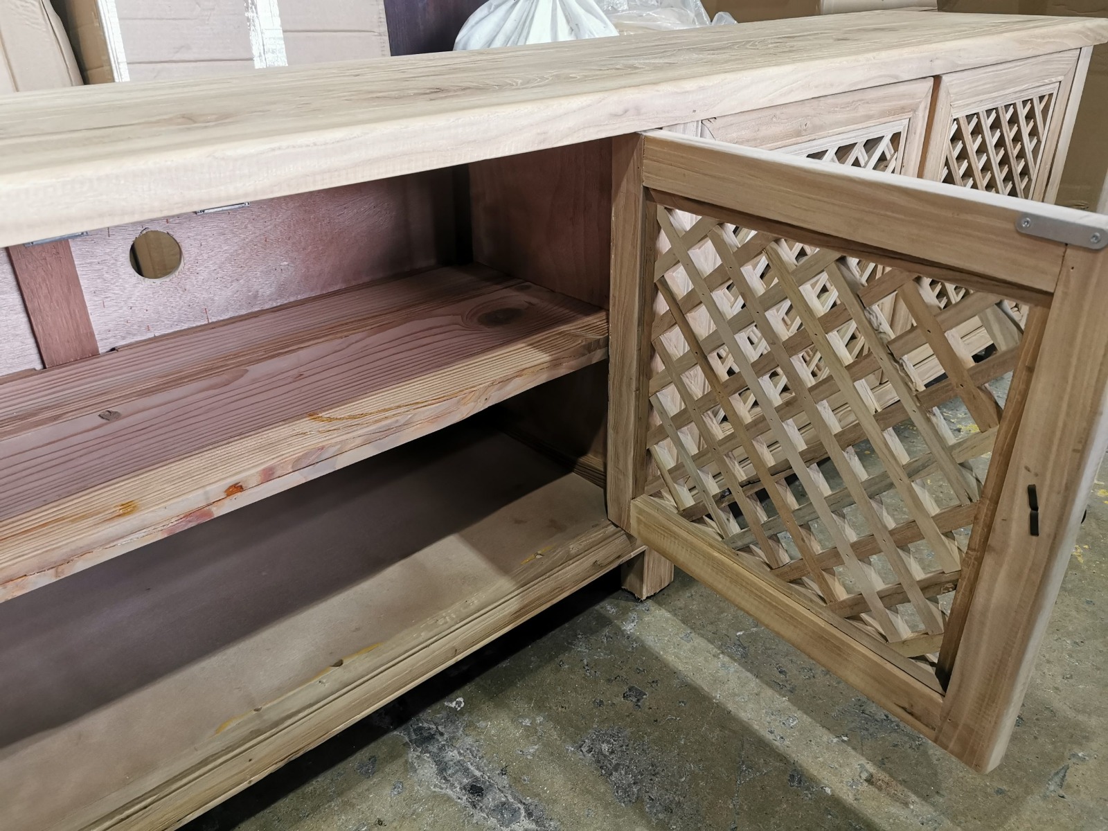 "St Barts" Hamptons Style 4 Door TV Unit Recycled Elm with Lattice Doors Natural, 200cm x 40cm x 58cmH (RRP $2499) - Image 4
