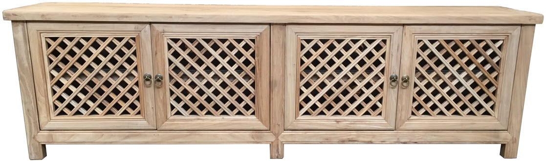 "St Barts" Hamptons Style 4 Door TV Unit Recycled Elm with Lattice Doors Natural, 200cm x 40cm x 58cmH (RRP $2499)