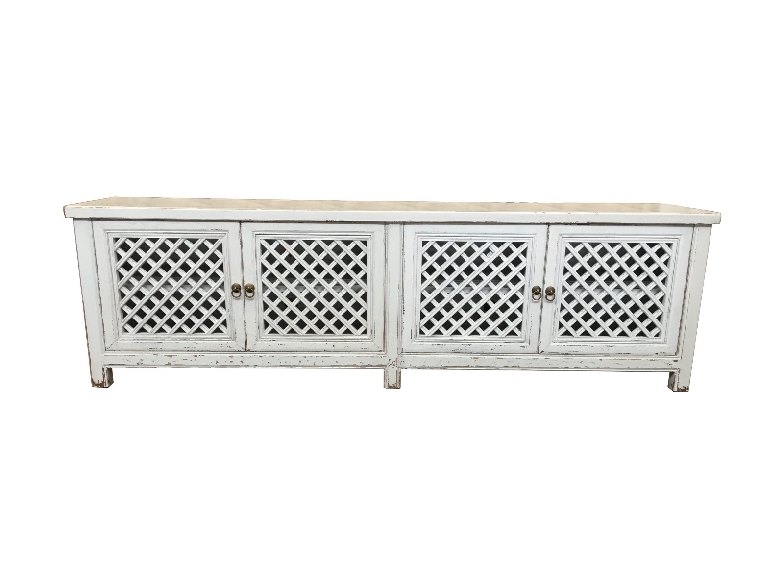 MID YEAR SALE!! "St Barts" Hamptons Style 4 Door TV Unit Recycled Elm with Lattice Doors White, 200cm x 40cm x 58cmH (RRP $2499)