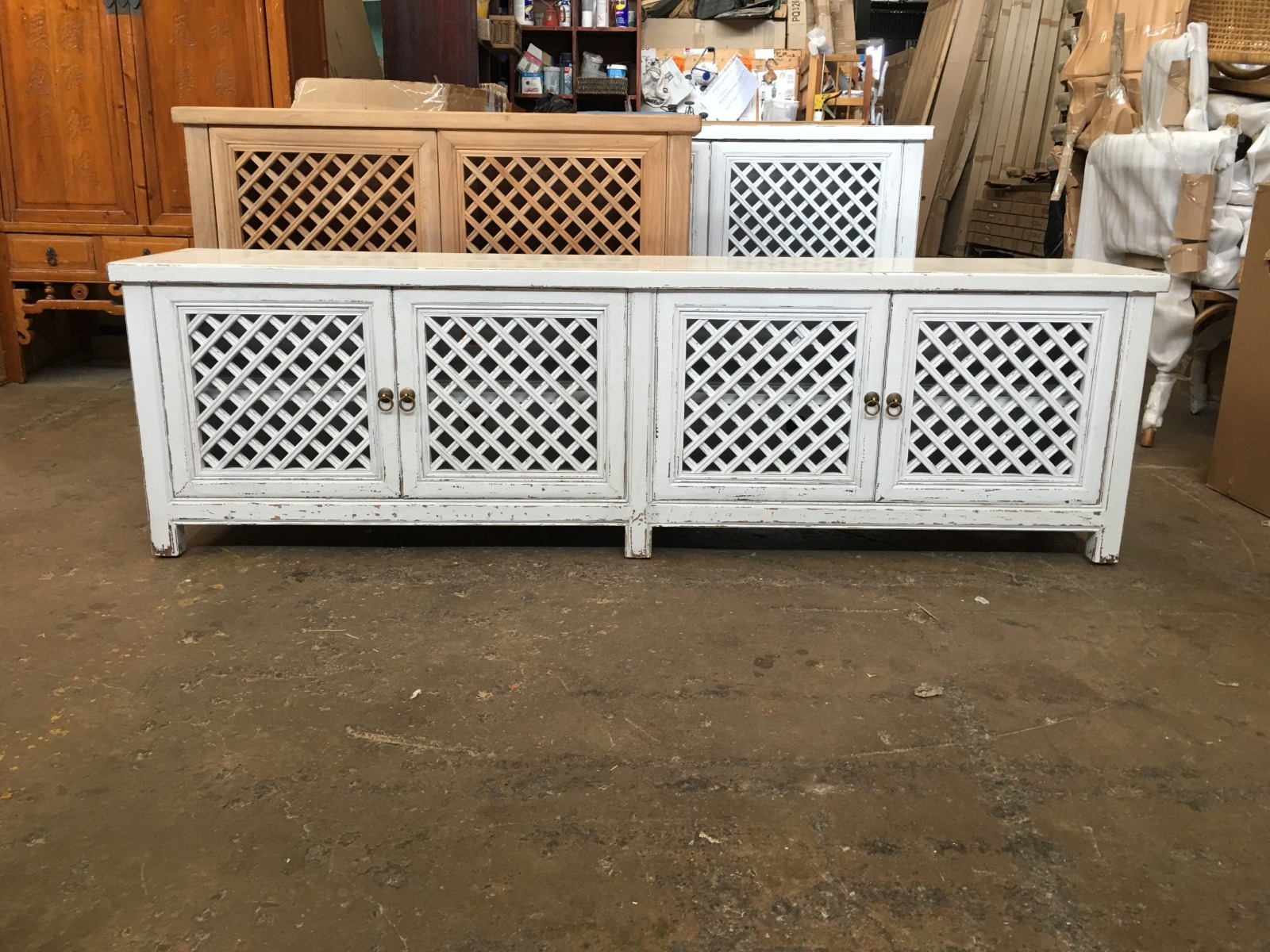 "St Barts" Hamptons Style 4 Door TV Unit Recycled Elm with Lattice Doors Natural, 200cm x 40cm x 58cmH (RRP $2499) - Image 6