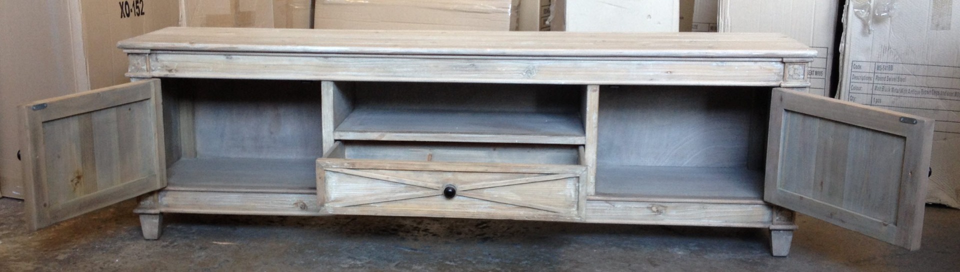"New Hampshire" Recycled Timber TV Entertainment Unit White Wash, 180cmL x 40cmD x 55cmH (RRP $1499) - Image 3