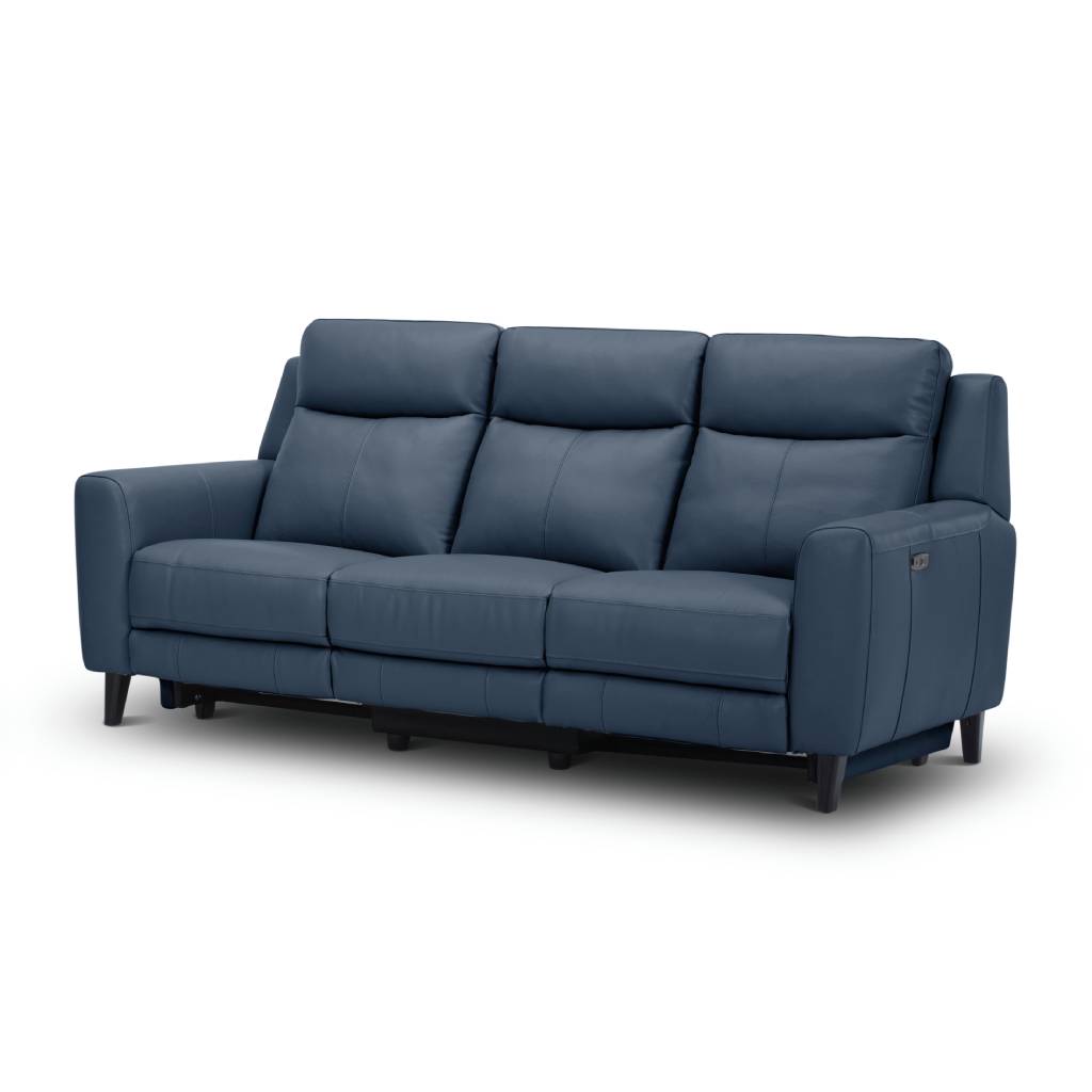 "Newport" Superior Comfort Premium Quality Leather 3 Seater Lounge with 2 Electric Recliners, Marine Blue W220 x D97 x H102 CM (RRP $3999)