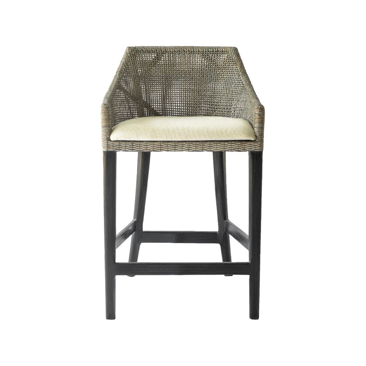 "Hervey Bay" Resort Style Rattan Kitchen Counter Barstool Greywash, Black Timber Legs (RRP $499)