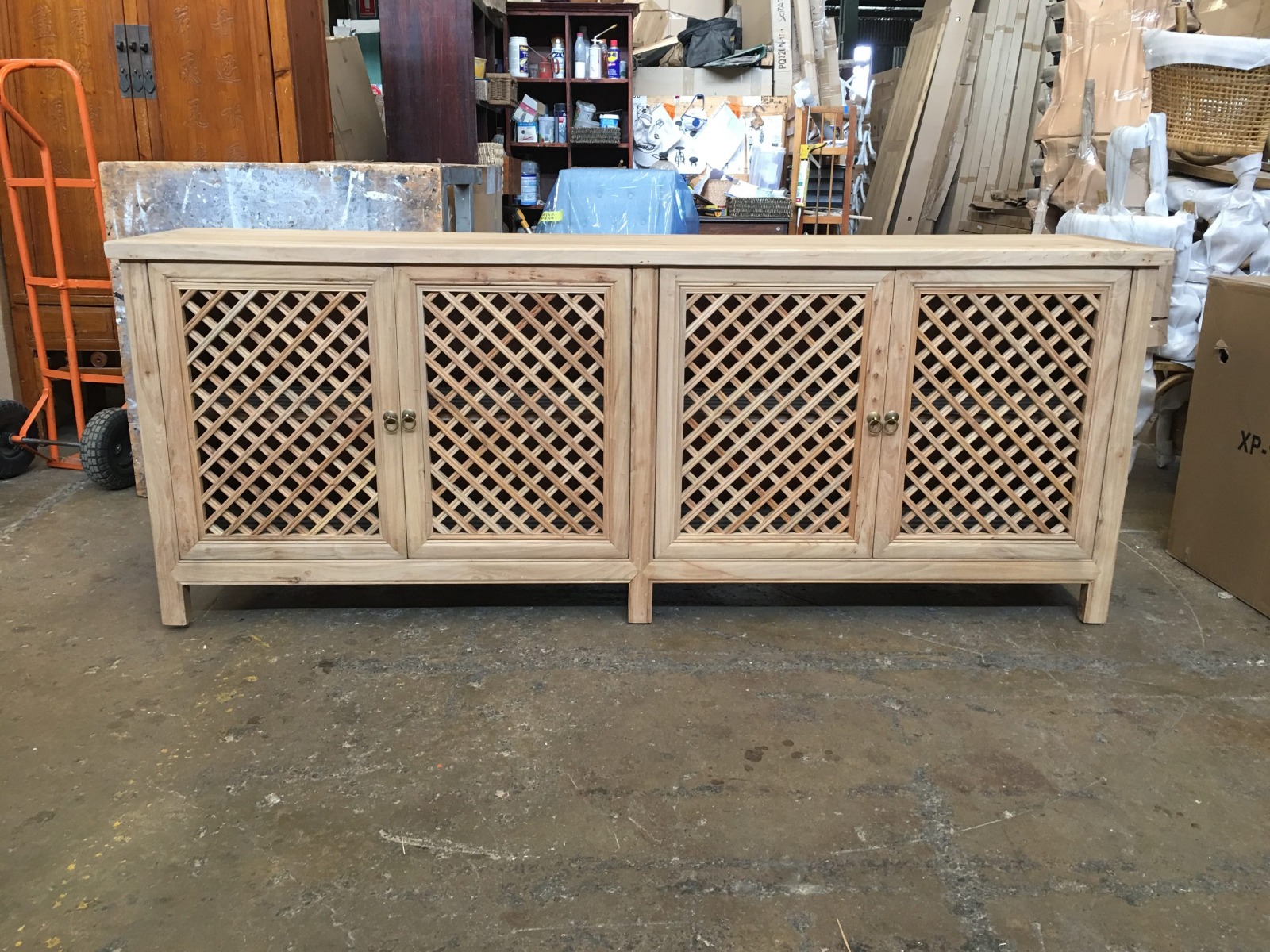 HALF YEAR SALE!! "St Barts" Hamptons Style 4 Door Buffet Recycled Elm with Lattice Doors Natural, 220cm x 45cm x 85cmH (RRP $3499) - Image 2