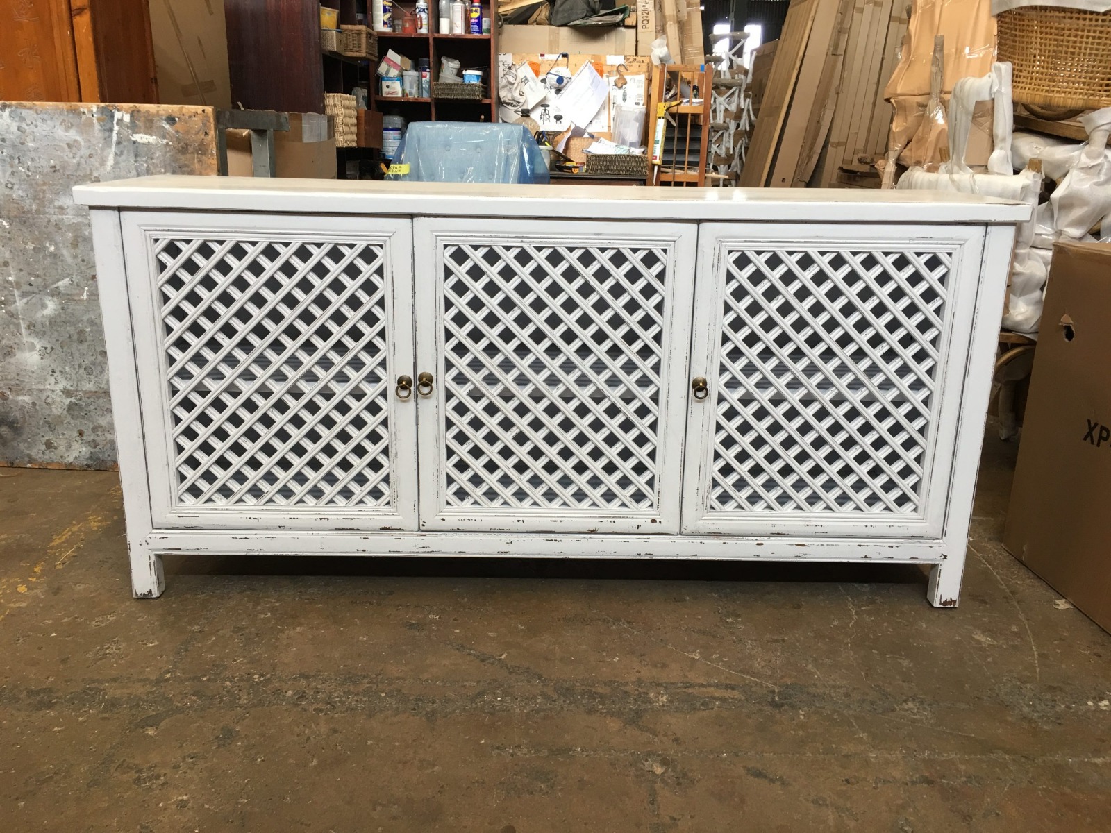 "St Barts" Hamptons Style 3 Door Buffet Recycled Elm with Lattice Doors White, 180cm x 45cm x 85cmH (RRP $2799) - Image 5