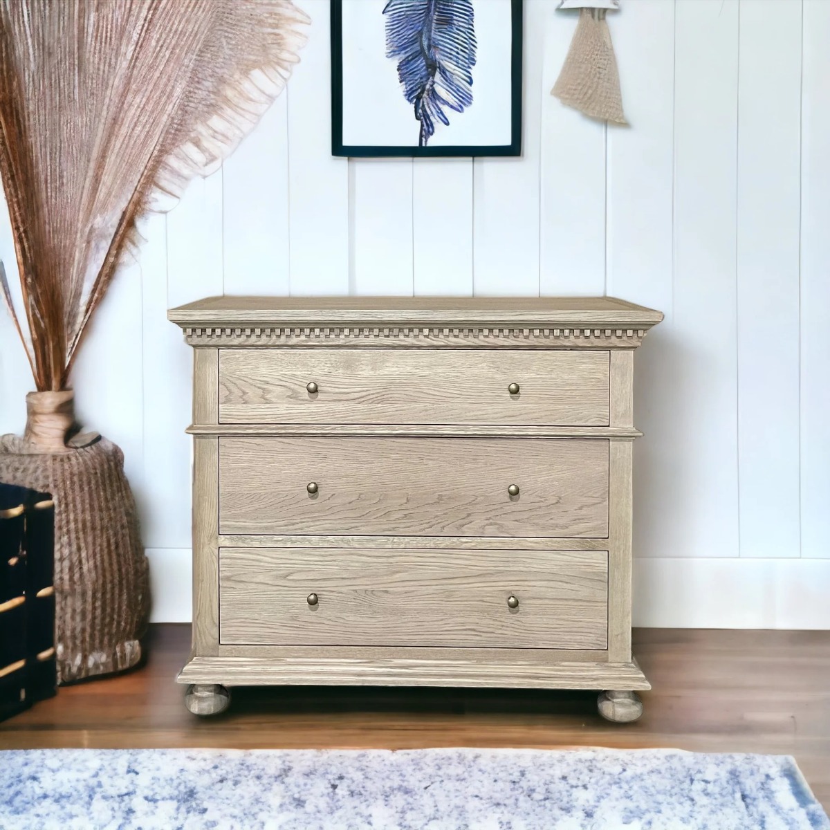 "South Hampton" Hamptons Style Solid Oak Timber 3 Drawer Tallboy, Weathered Oak 107cmW x 46cmD x 91cmH (RRP $2199) - Image 3