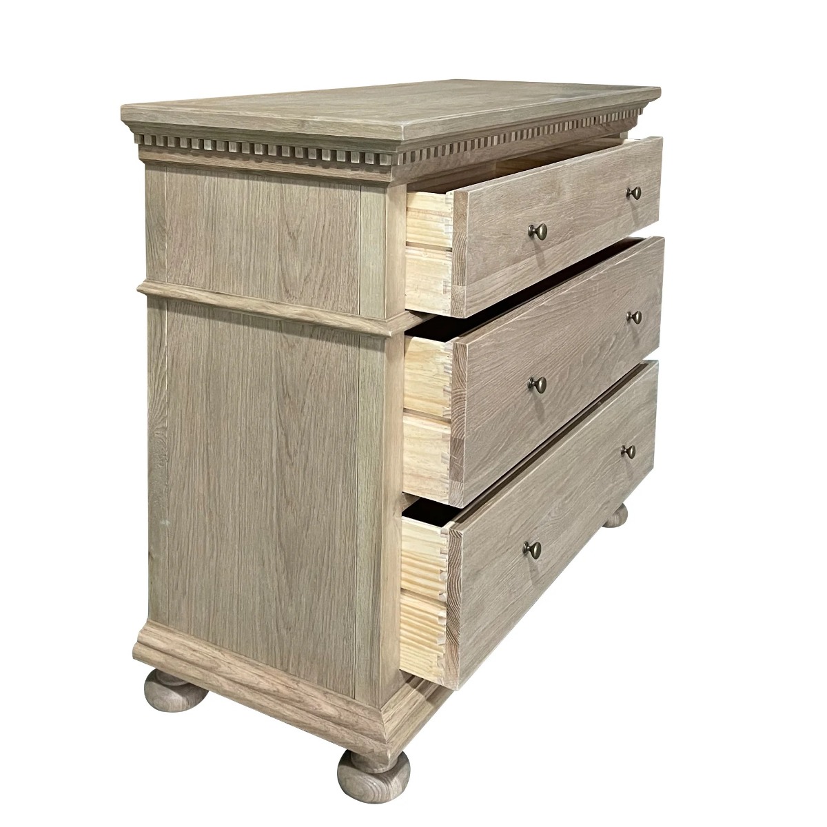 "South Hampton" Hamptons Style Solid Oak Timber 3 Drawer Tallboy, Weathered Oak 107cmW x 46cmD x 91cmH (RRP $2199) - Image 4