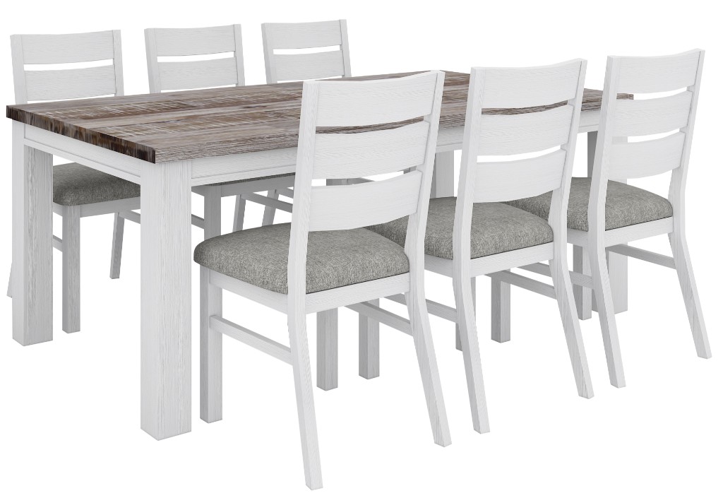 "Coastal" Hamptons Style Dining Table Package 190x100cm, Chairs with Grey Fabric Cushioned Seat, Vivid White (RRP $3499)