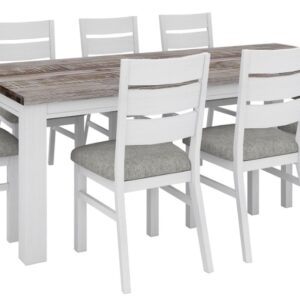 wp-image-tigress-45949.jpg "Coastal" Hamptons Style Dining Table Package W225 x D100 x H77 CM, Chairs with Grey Fabric Cushioned Seat, Vivid White (RRP $3999)