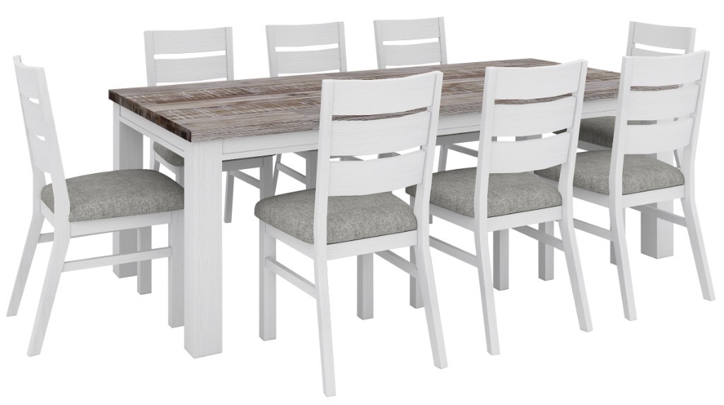 "Coastal" Hamptons Style Dining Table Package W225 x D100 x H77 CM, Chairs with Grey Fabric Cushioned Seat, Vivid White (RRP $3999)