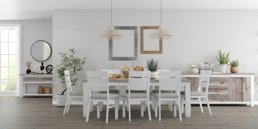 "Coastal" Hamptons Style Dining Table Package W225 x D100 x H77 CM, Chairs with Grey Fabric Cushioned Seat, Vivid White (RRP $3999) - Image 2