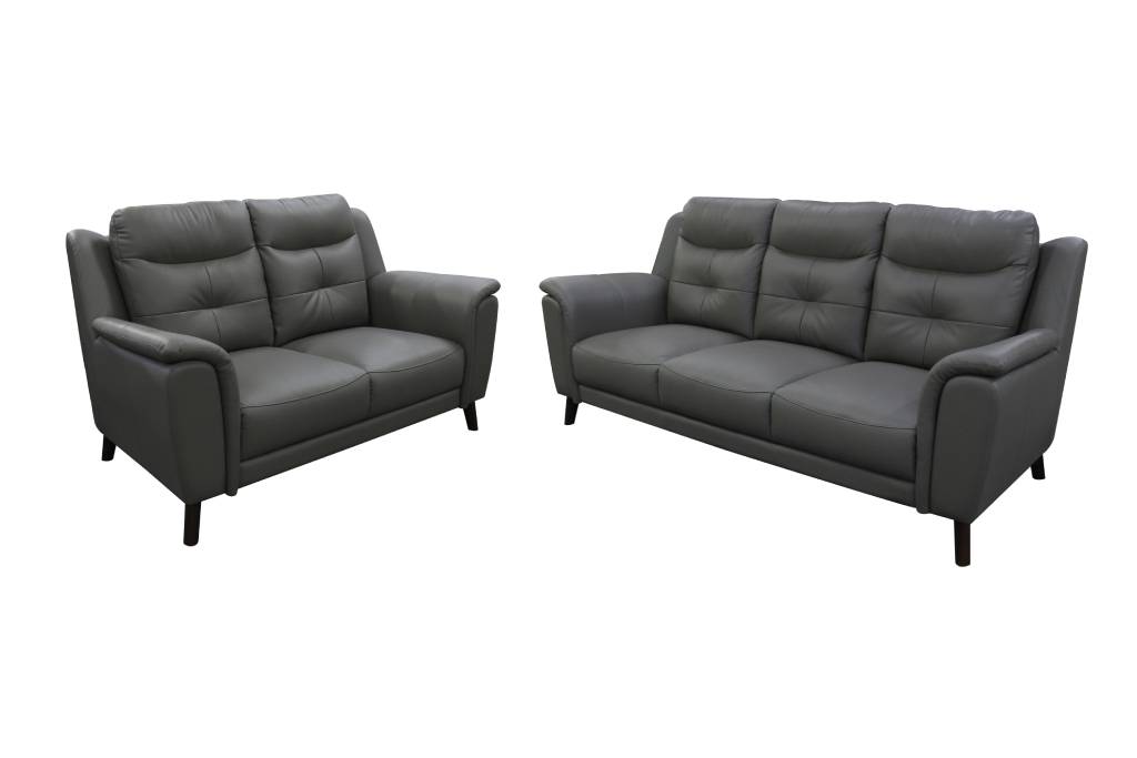 "Miami" Superior Comfort Premium Quality Leather 3 Seater + 2 Seater Lounge, Gunmetal (RRP $4499)