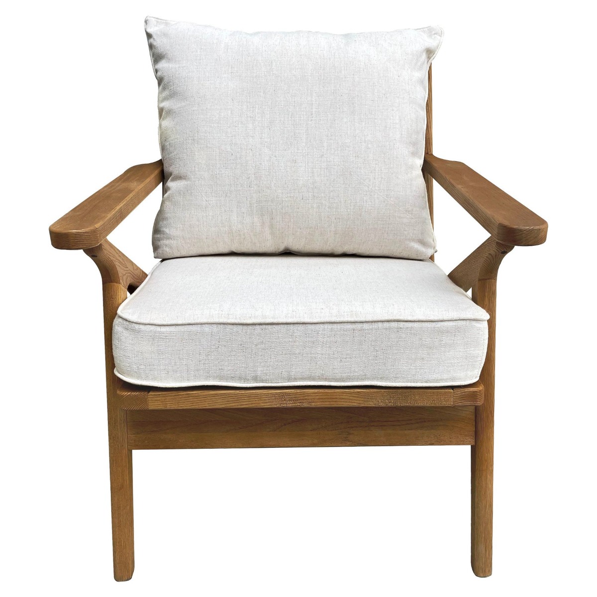 Ash Wood Timber Chair W/Natural Cushions Linen Blend Brown/White, W 69.5cm D 84.5cm H 80cm (RRP $739)