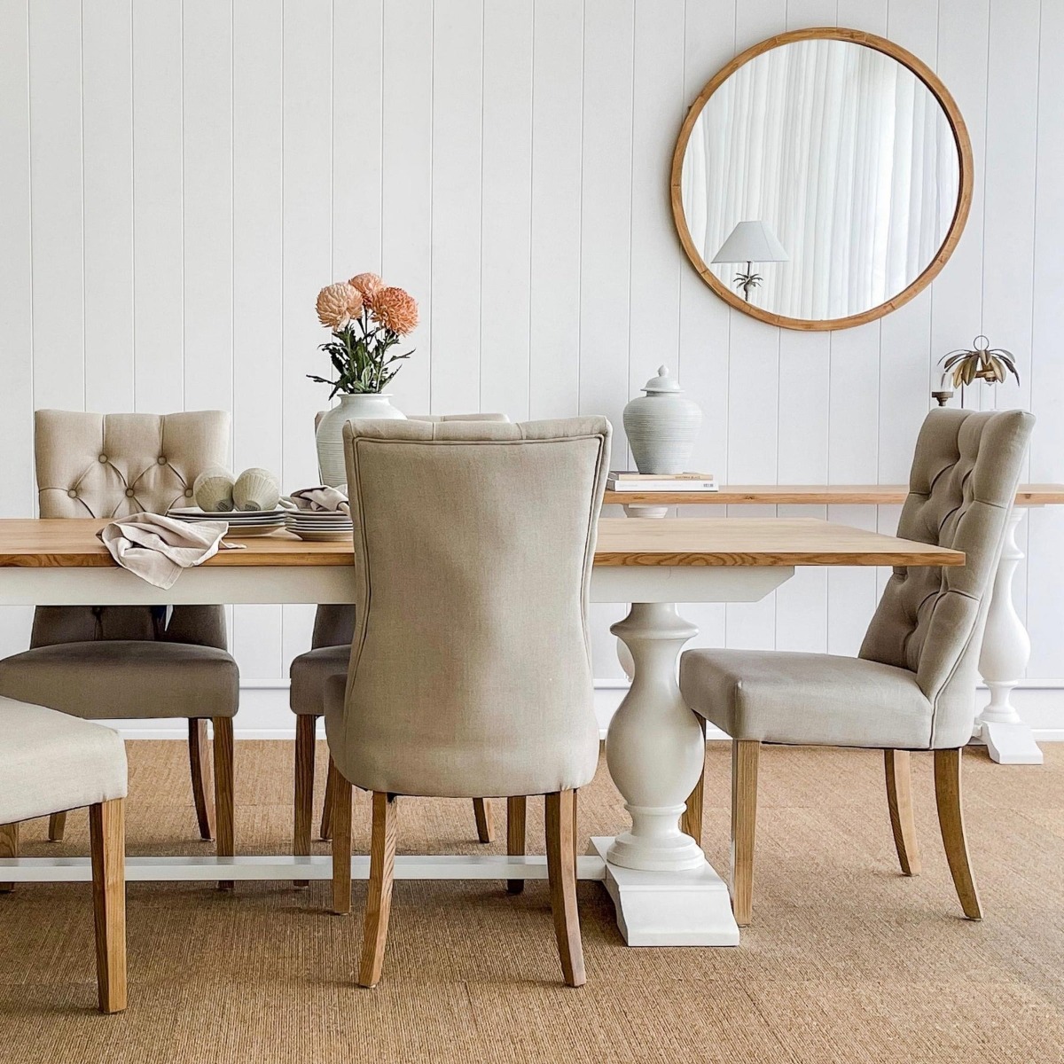 Diana Buttoned Hamptons Dining Chair Linen Blend Beige, W 52cm D 51cm H 110cm (RRP $499) - Image 2