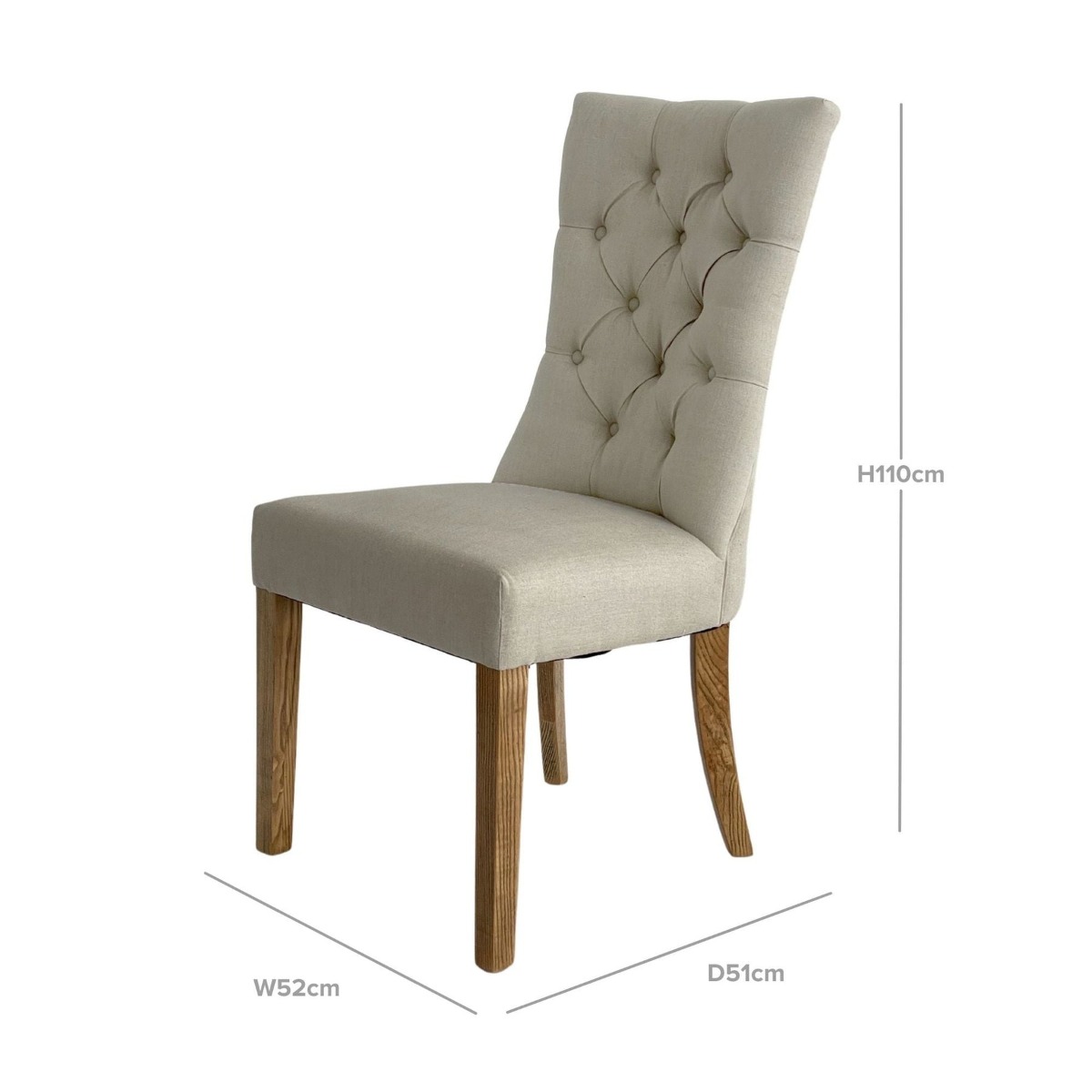 Diana Buttoned Hamptons Dining Chair Linen Blend Beige, W 52cm D 51cm H 110cm (RRP $499) - Image 3