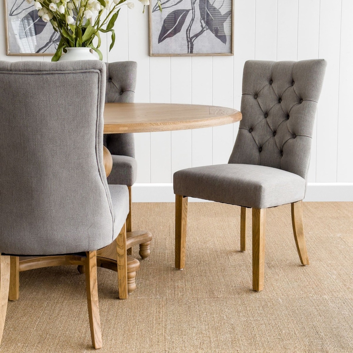 Diana Buttoned Hamptons Dining Chair Linen Blend Grey, W 52cm D 51cm H 110cm (RRP $499) - Image 4
