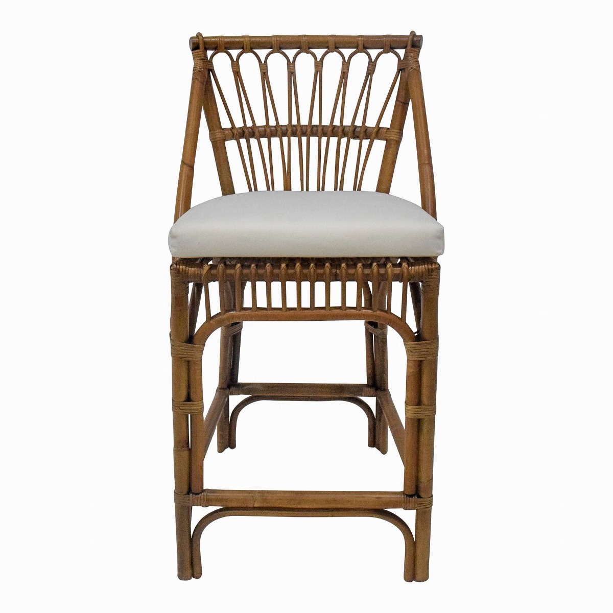 Cayman Rattan Hamptons Barstool Natural W/Cream Cushions & Footrest, W 54cm D 51cm H 102cm (RRP $599)